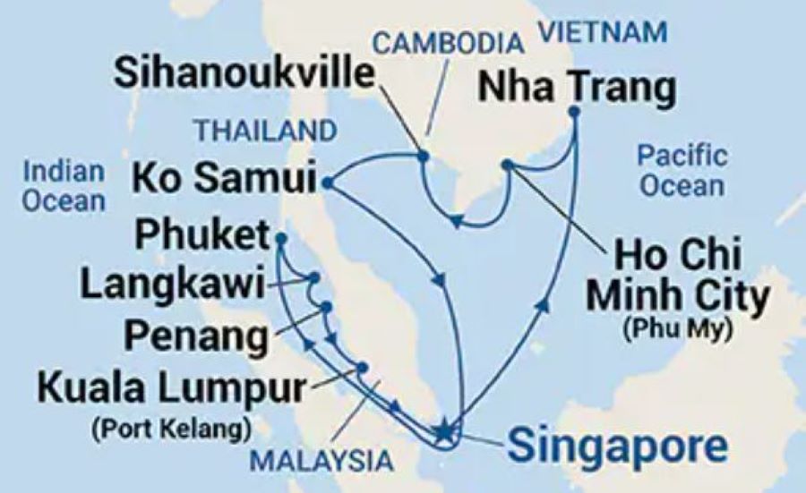 Map of Malaysia, Thailand and Vietnam indicating all stops along the itinerary