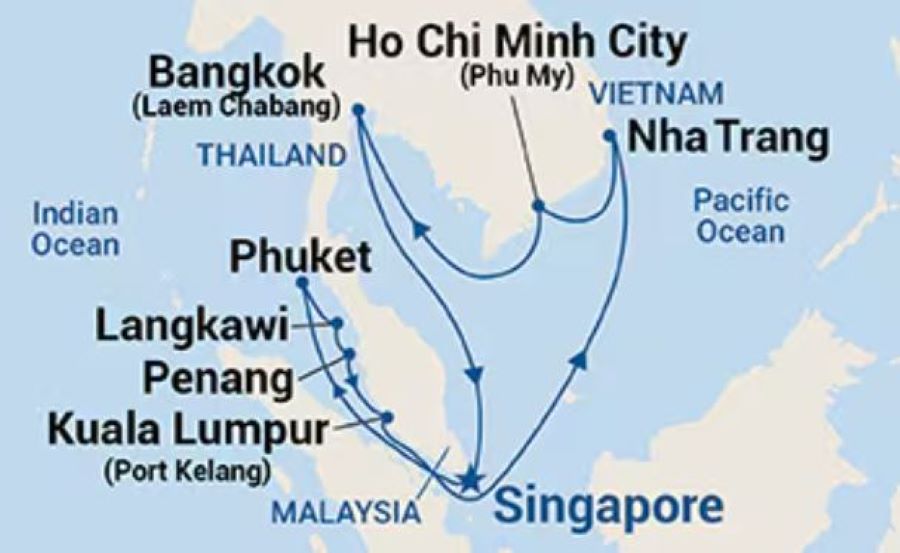 Map of Malaysia, Thailand and Vietnam indicating all stops along the itinerary 