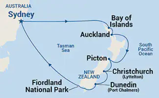 Map of Australia and New Zealand indicating stops on a cruise 
