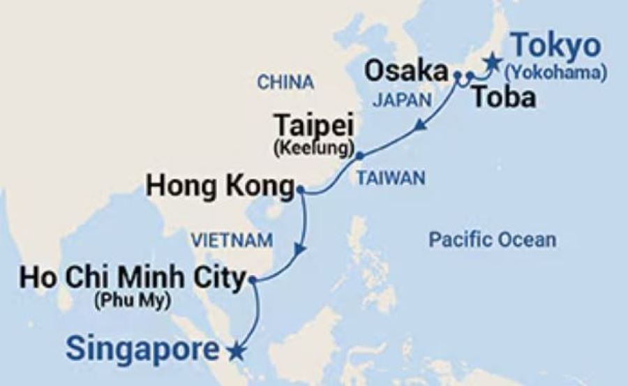 Map of Southeast Asia and Japan indicating all stops along this itinerary 
