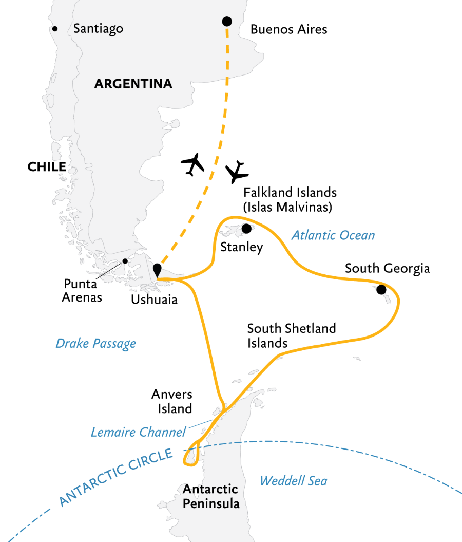 Map of Antartica indicating all stops along the itinerary 