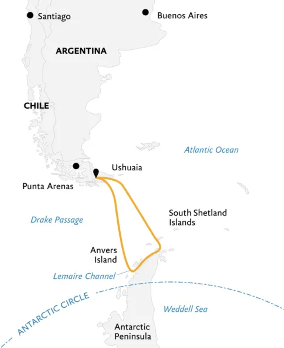 Map of Antarctica indicating all stops along the itinerary