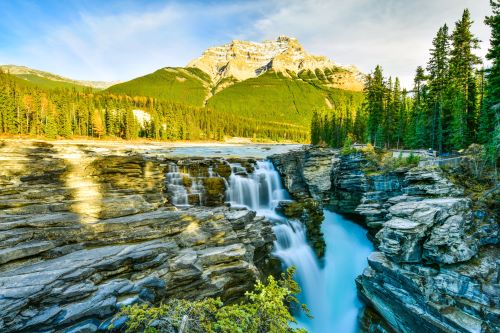A waterfall in Jasper National Park in the middle of the Canadian's picturesque mountain landscape