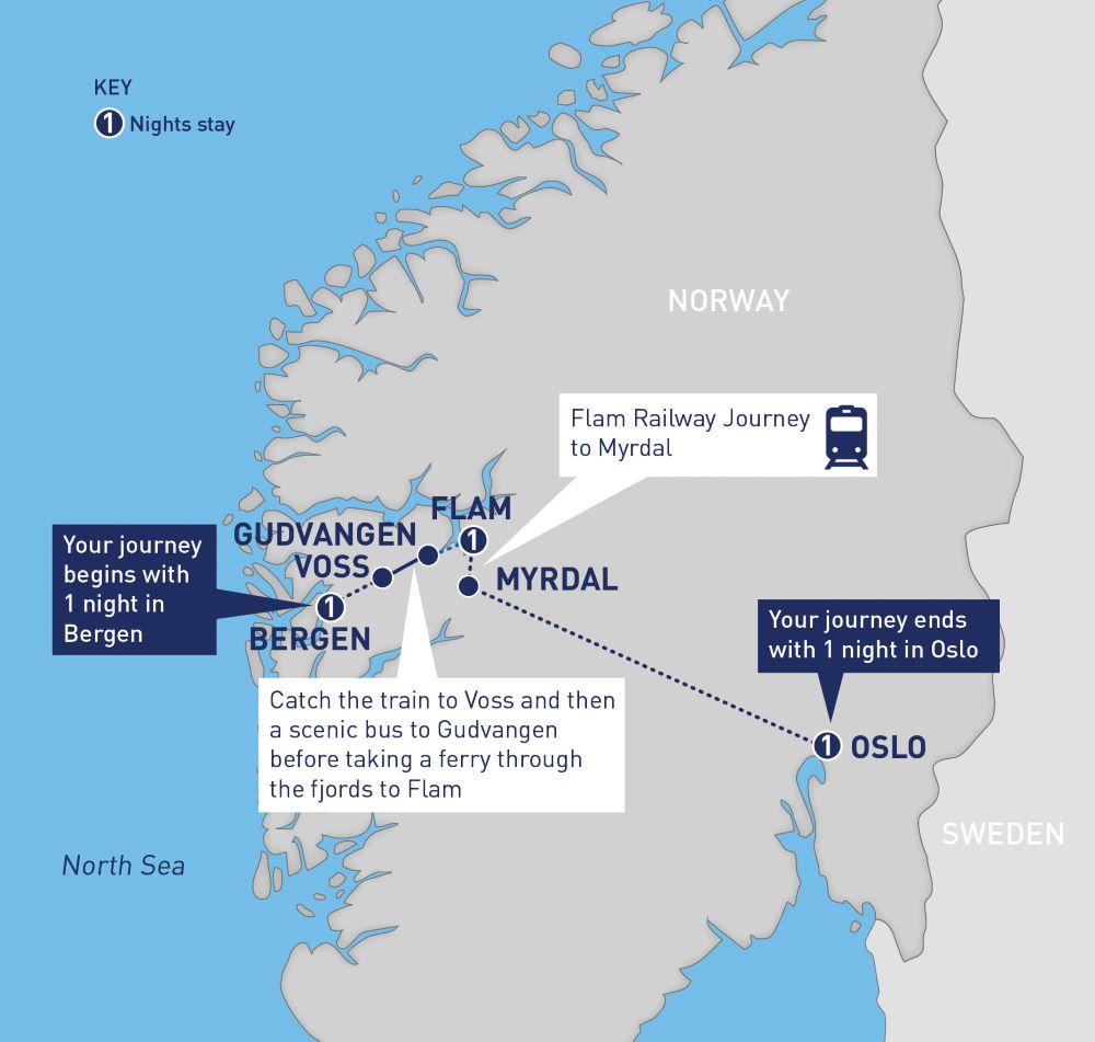 Map of Norway indicating all stops along this itinerary