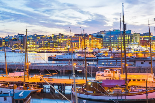 Oslo Waterfront lit up at dusk