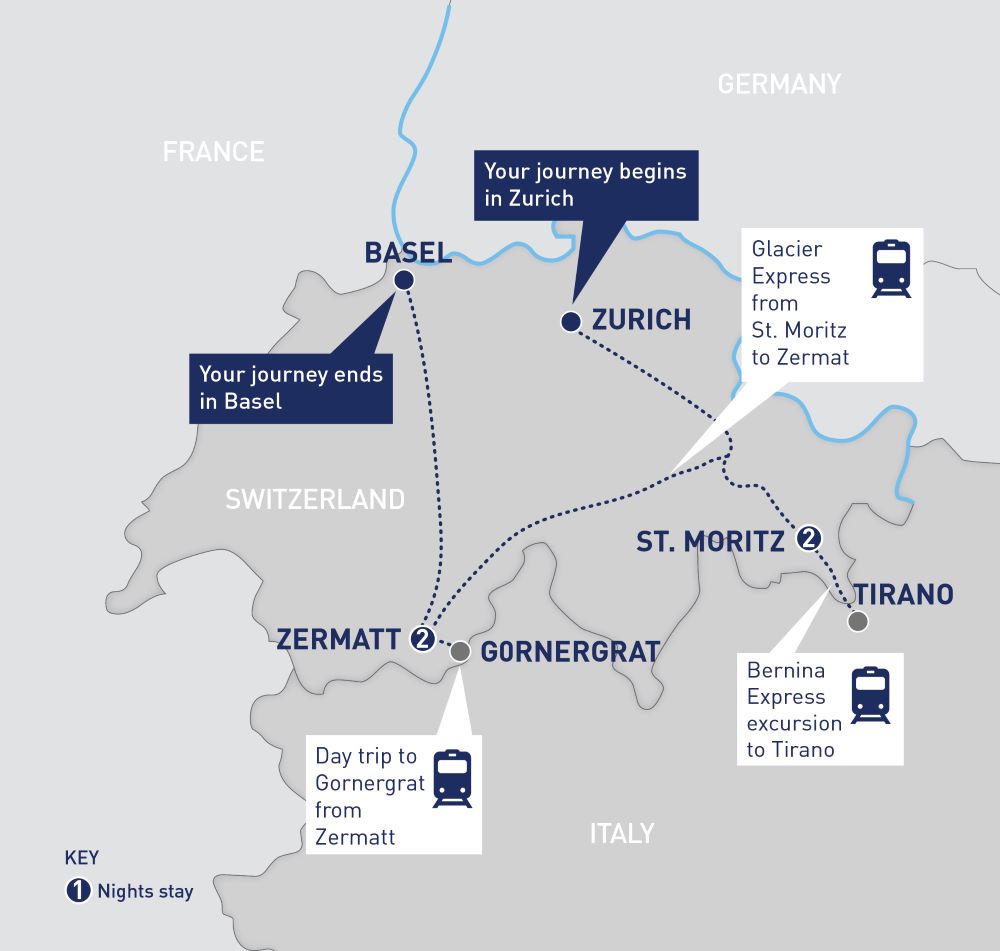 Map of Switzerland indicating all stops along this itinerary