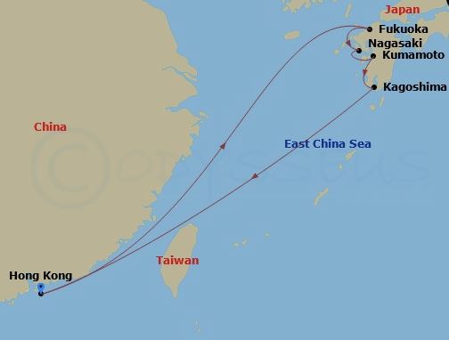A map of Hong Kong and Japan indicating stops on a cruise 
