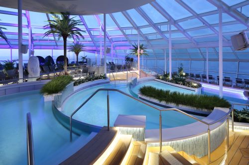 Adults only pool solarium onboard a cruise ship with greenery throughout and floor to ceiling windows 