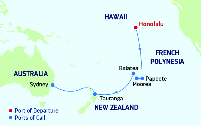 A map of Hawaii and East Coast Australia showing stops on a cruise 