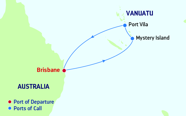 Map of East Coast Australia and South Pacific indicating all stops along the itinerary 