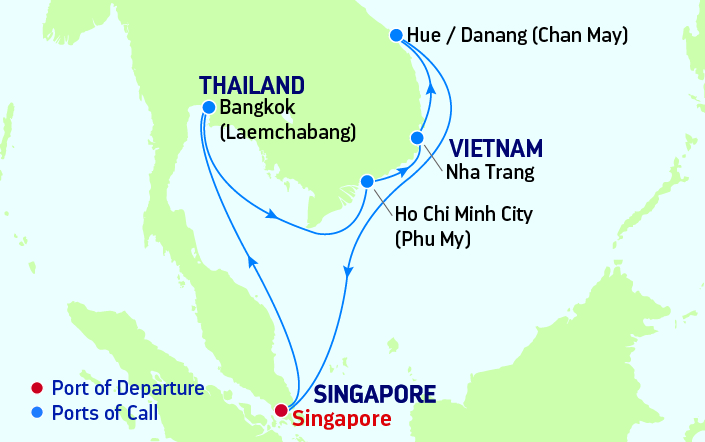 Map of Thailand and Vietnam indicating all stops along the itinerary 