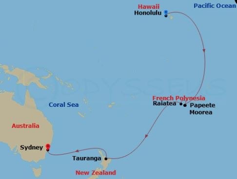 Map of Hawaii and Australia indicating stops along the way of a cruise 