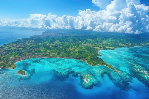 An aerial view of Vanuatu showing green mountains and blue water 