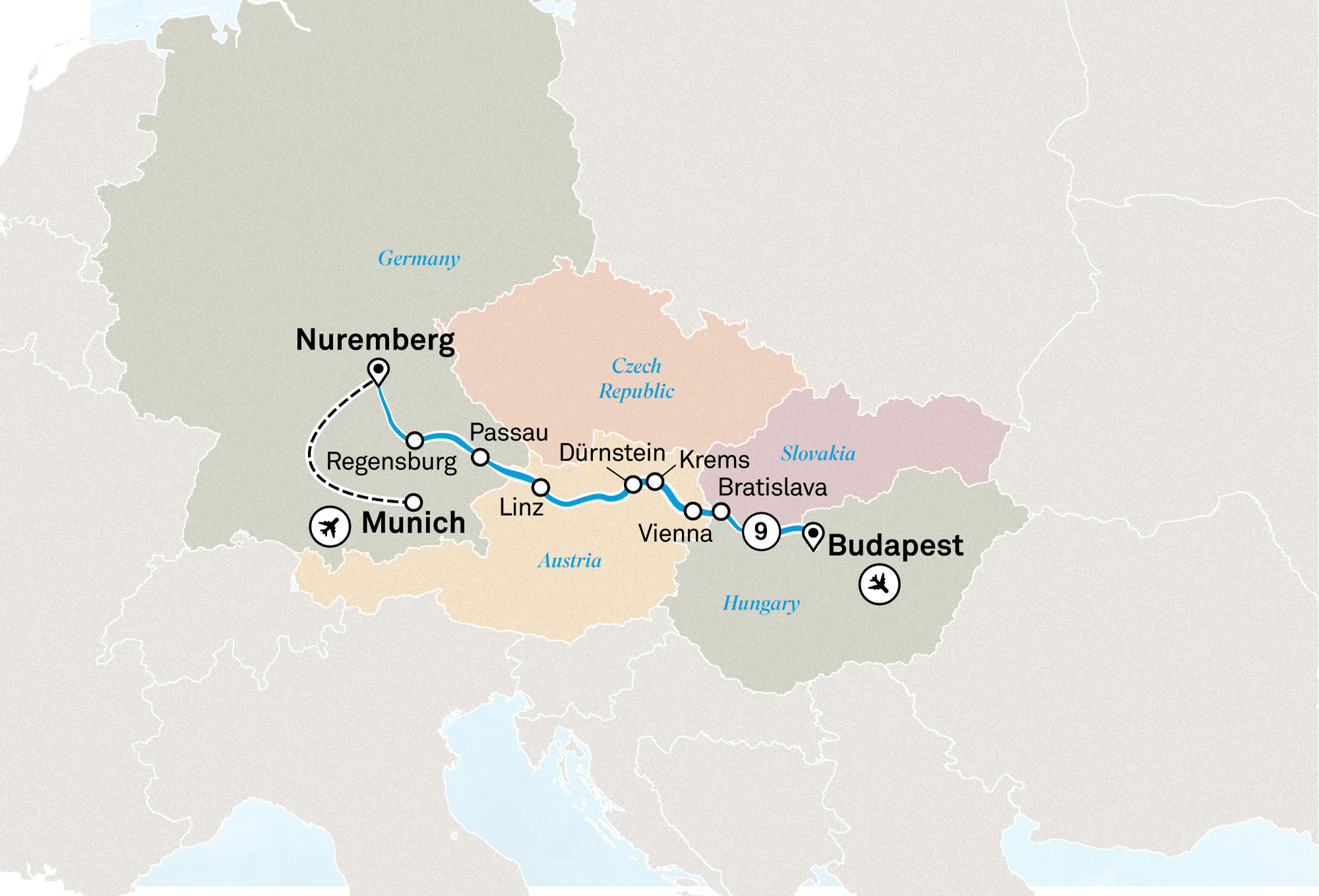 Map indicating all stops along this itinerary