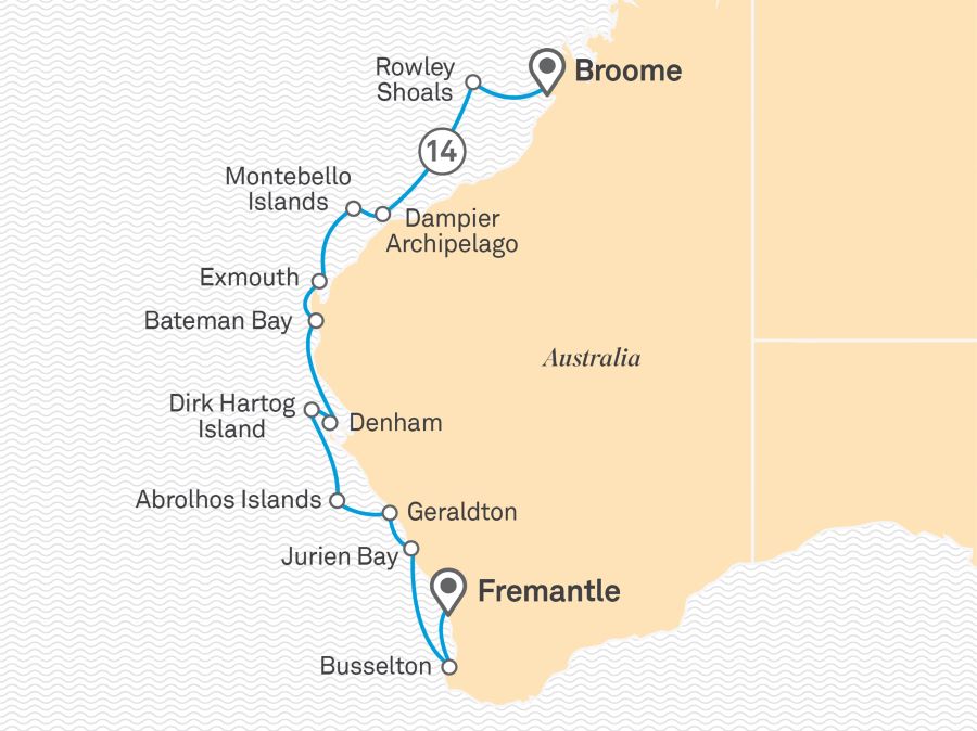 Map of Australia indicating all stops along the itinerary 