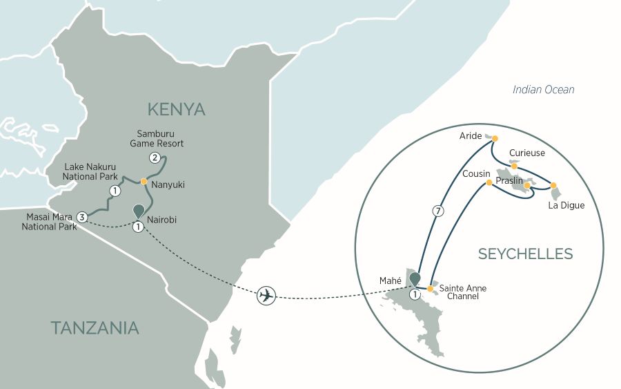 Map of Kenya and the Seychelles indicating the route of this itinerary 