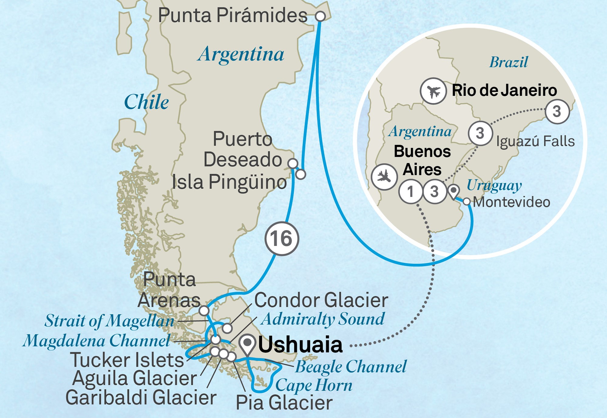 Map of South America indicating all stops along this itinerary 