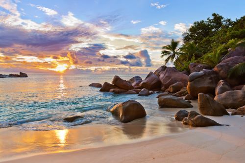 Beautiful sunset at Praslin Island in the Seychelles 