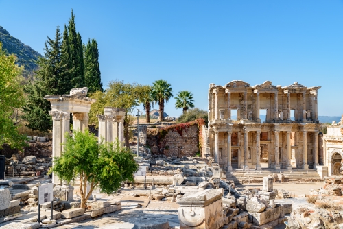 View of the Library of Celsus in Ephesus on a sunny day