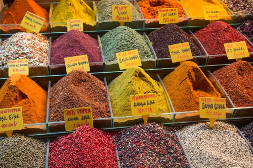 Close up of colourful spices and peppercorns on display at the Spice Bazar