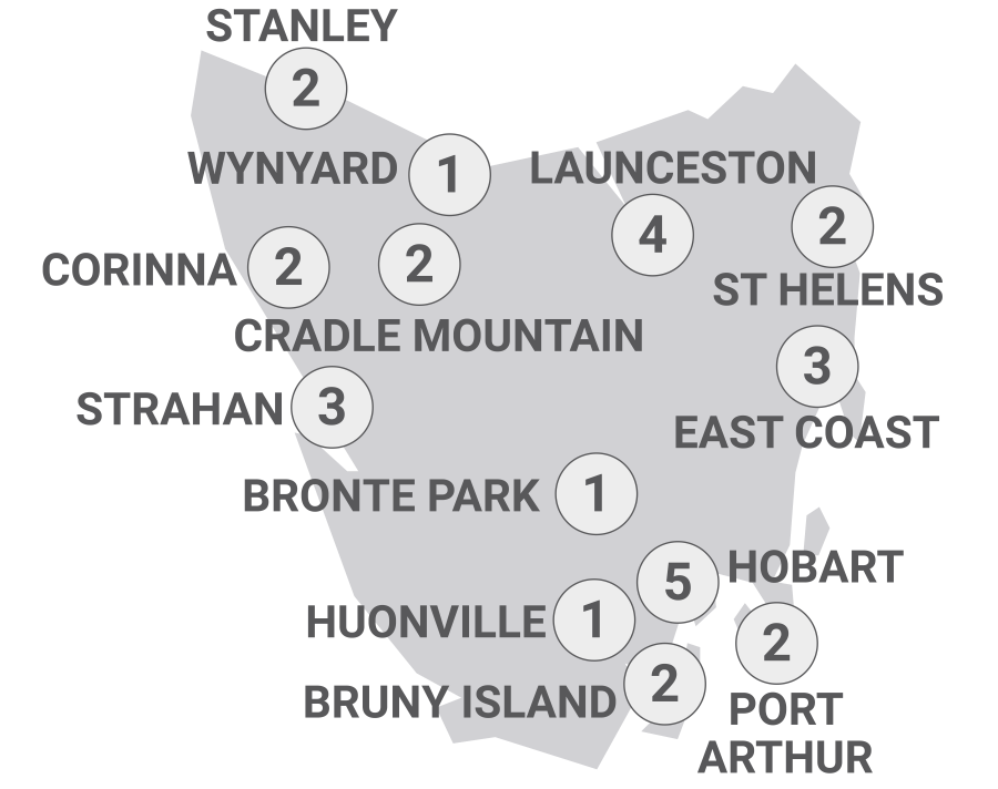 Map of Tasmania indicating all stops along this itinerary