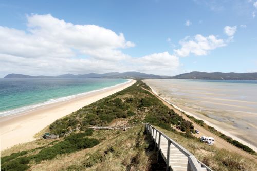 The Bruny Island Neck, a sandy isthmus connecting the north and south ends of Bruny Island, on a sunny day