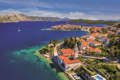 Aerial view of the Croation Coast with the iconic old buildings and churches