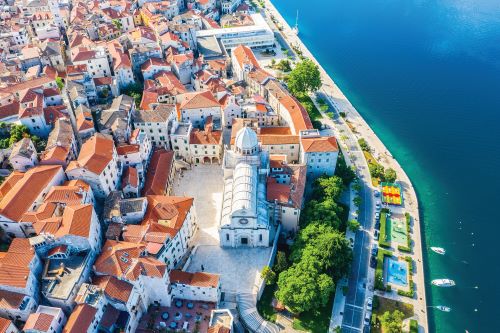 Aerial view of a seaside old town in Croatia 