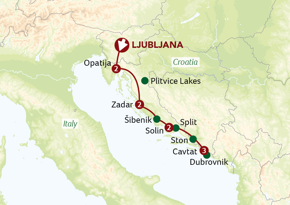 Map of Croatia indicating all stops along this itinerary 