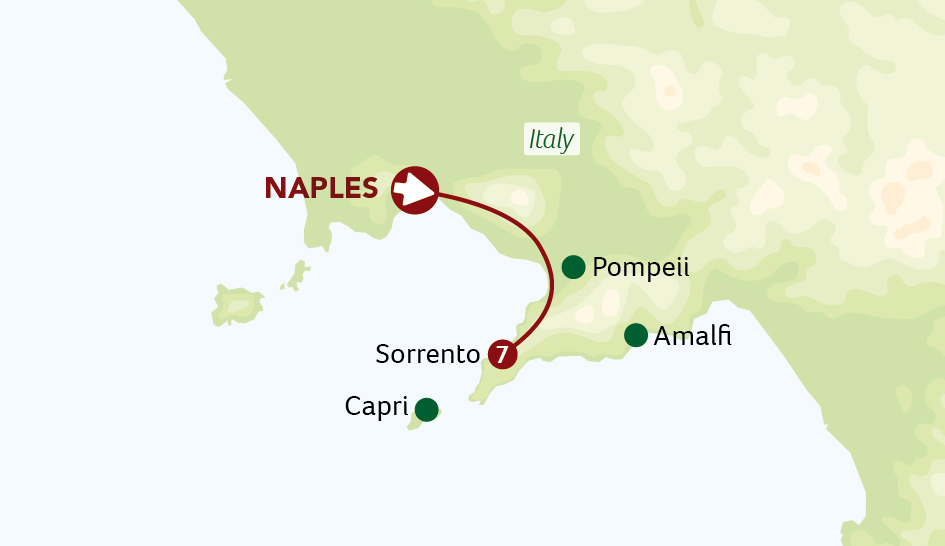 Map of the Amalfi Coast indicating all stops along the itinerary 