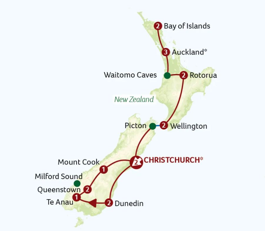 Map of New Zealand indicating all stops along this itinerary 