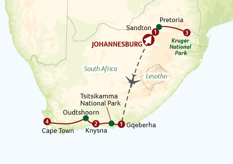 Map of South Africa indicating all stops along this itinerary 