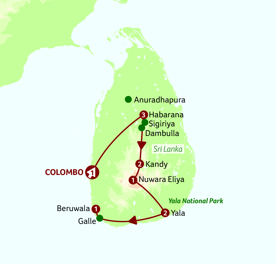 Map of Sri Lanka indicating all stops along this itinerary 