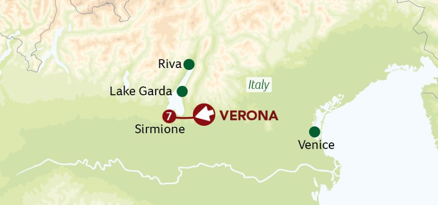Map of Lake Garda and surrounds indication all stops along this itinerary 