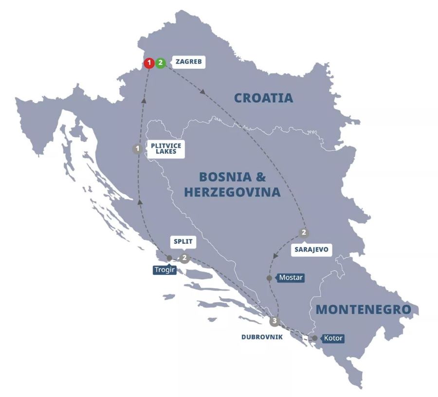 Map of the Balkan region indicating all stops along this itinerary 