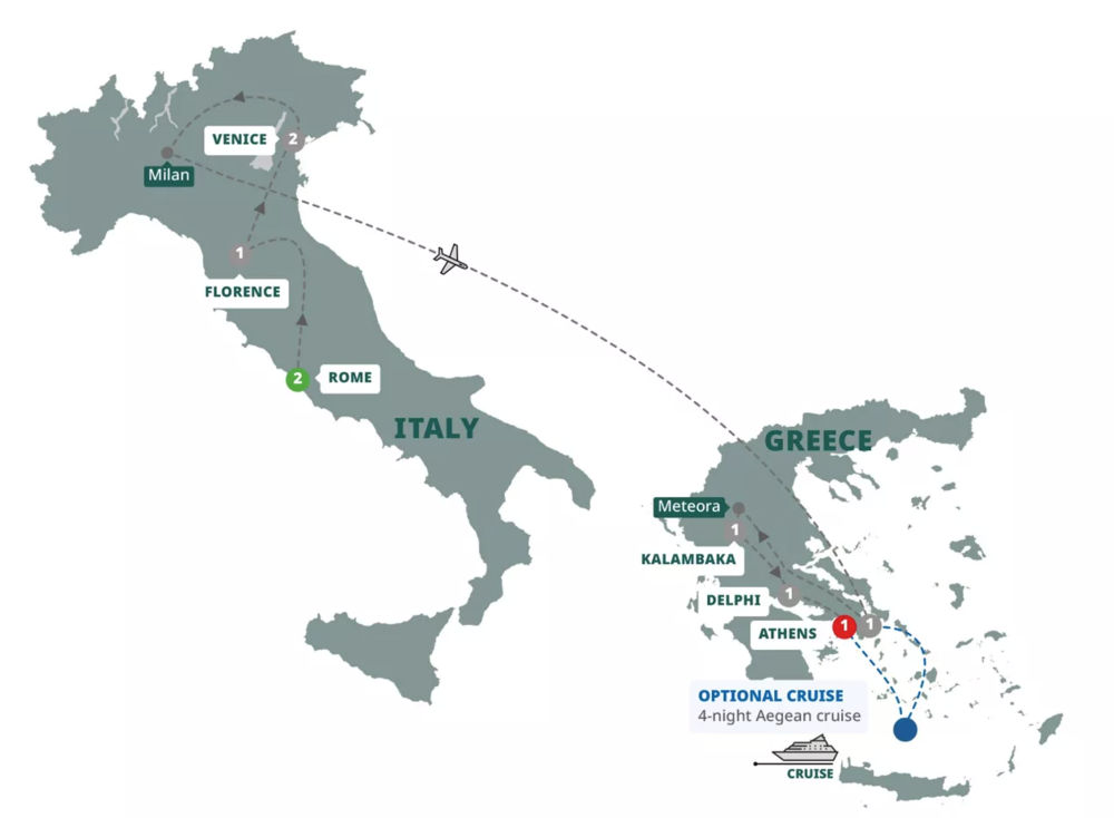 Map of Italy and Greece indicating all stops along this itinerary 
