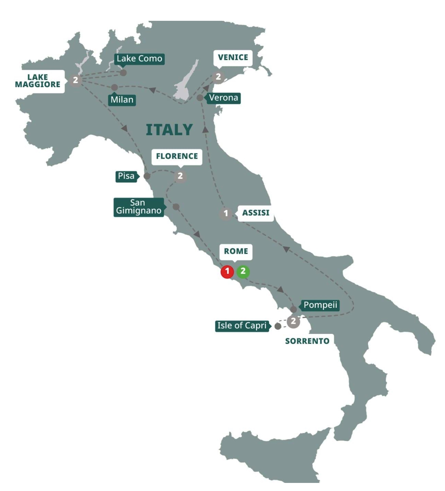 Map of Italy indicating all stops along this itinerary 