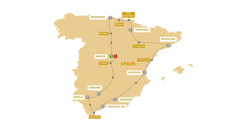 Map of Spain indicating all stops along this itinerary 