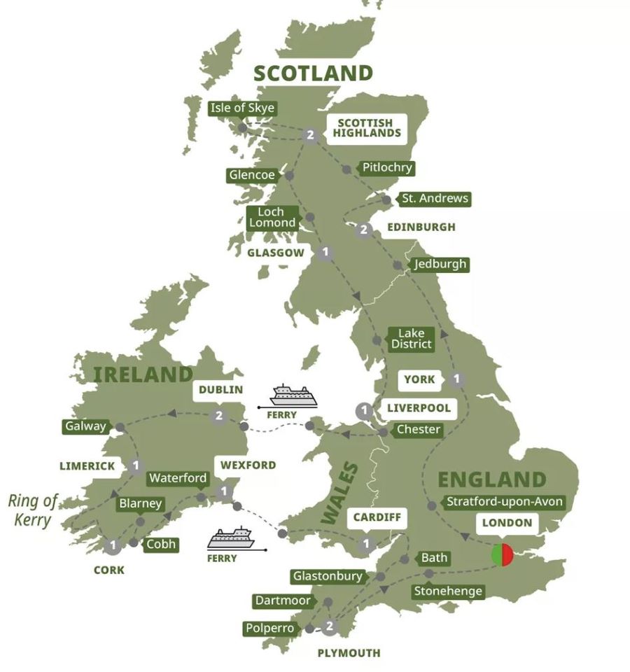 Map of Britain and Ireland indicating all stops along this itineary 