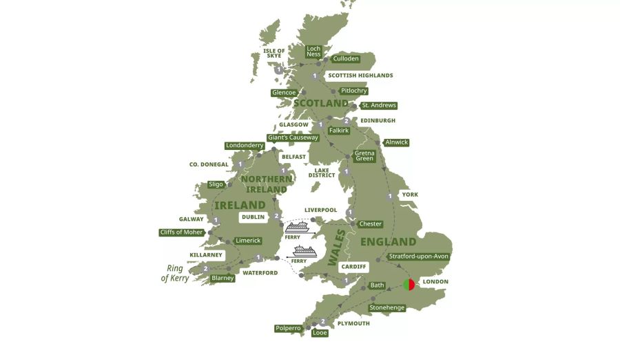 Map of UK and Ireland indicating all stops along this itinerary