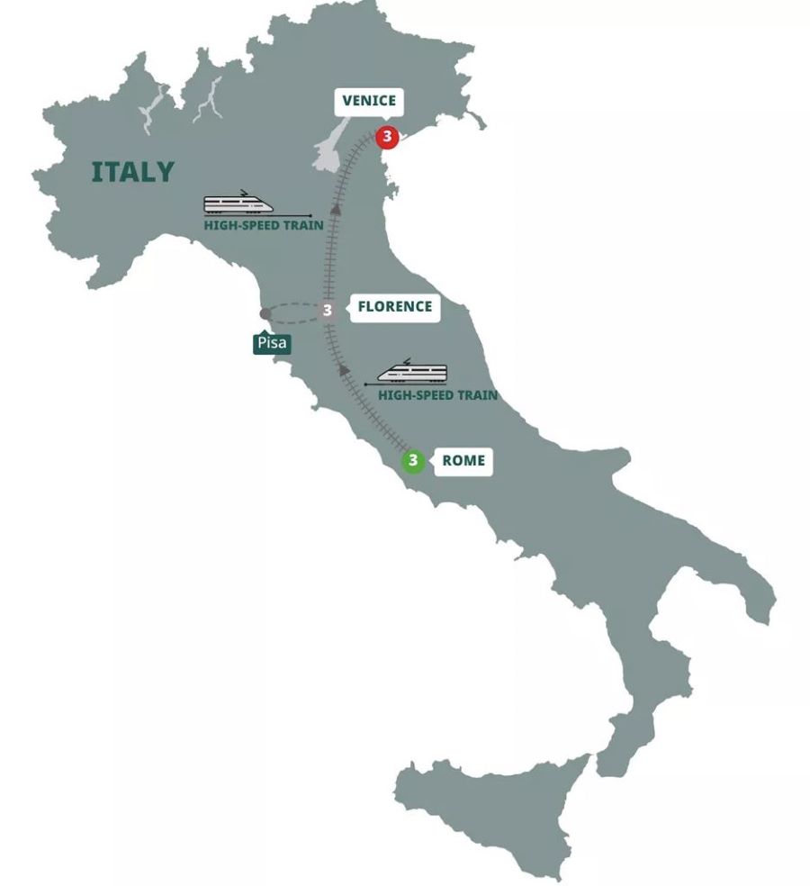 Map of Italy indicating all stops along this itinerary 