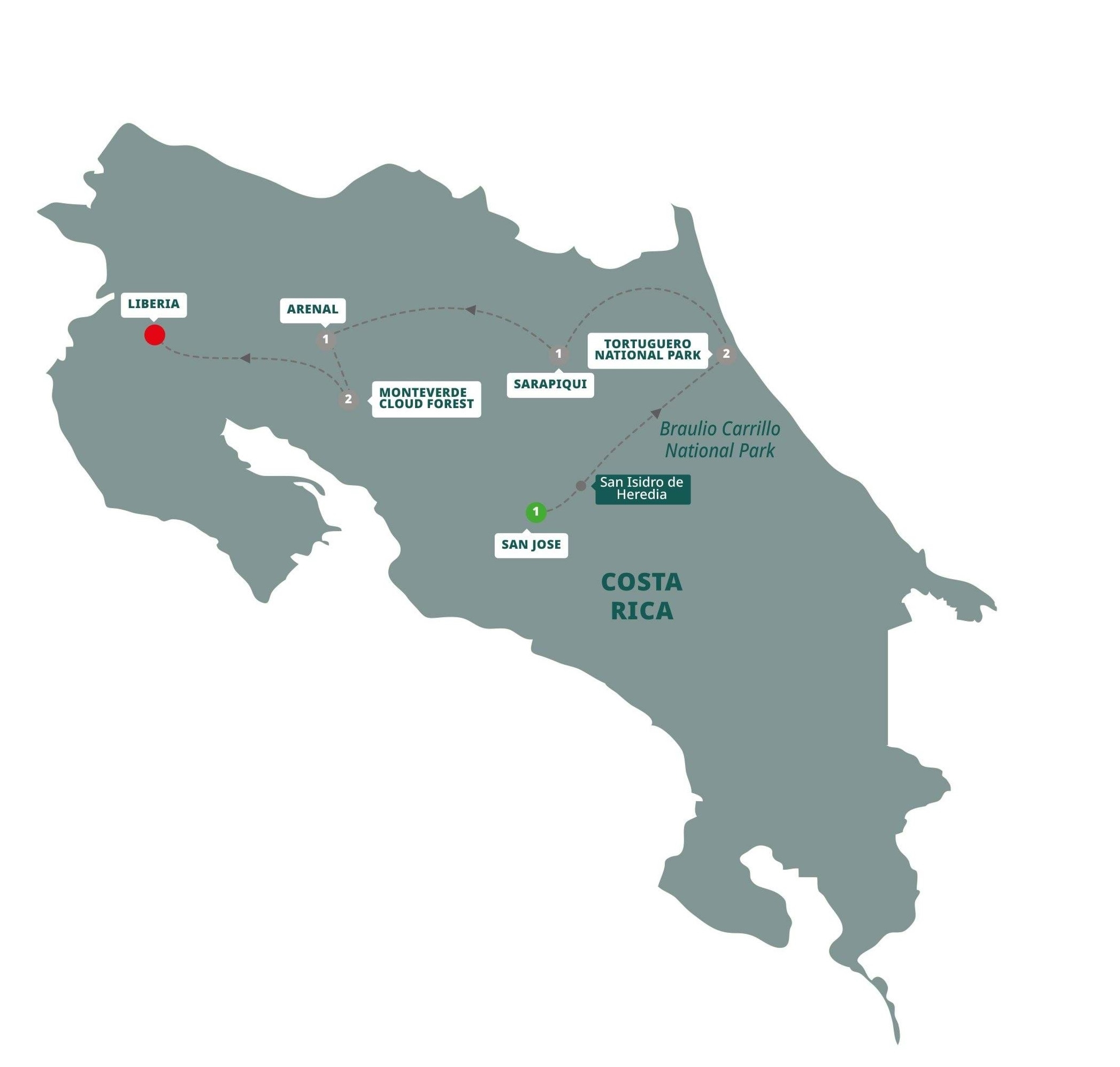 Map of Costa Rica indicating all stops along this itinerary 