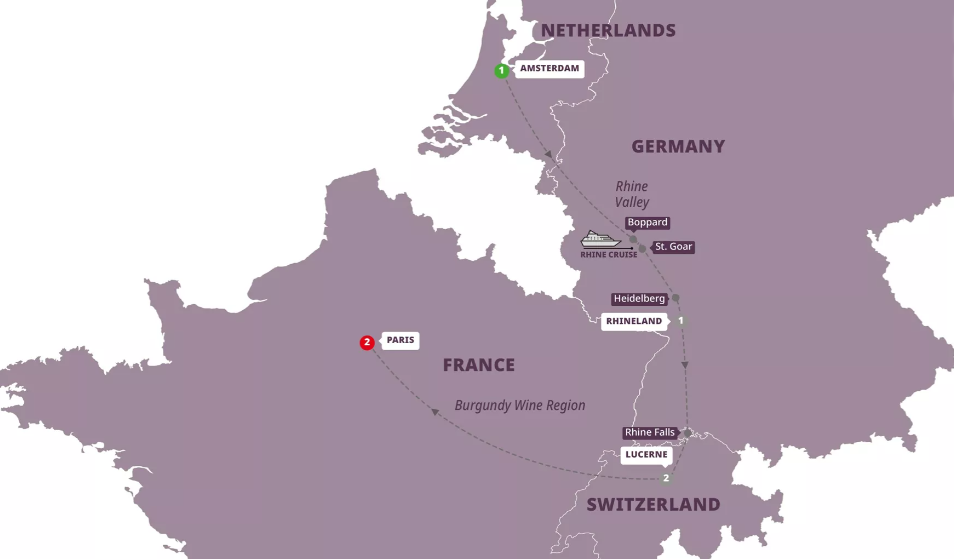 Map of Europe indicating all stops along this itinerary 