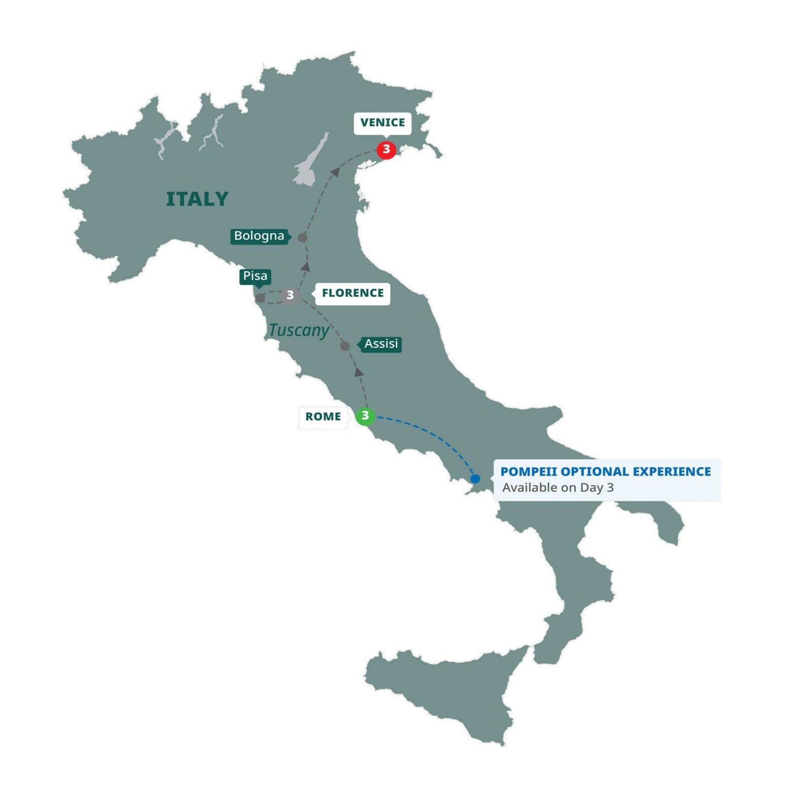 Map of Italy indicating all stops along this itinerary