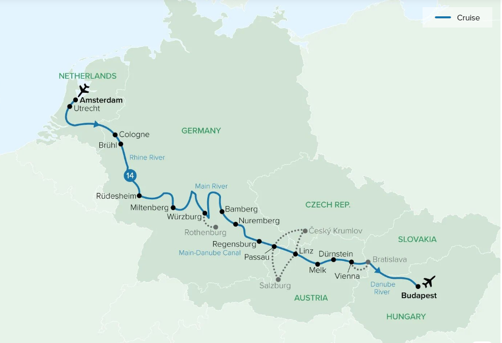 Map of Europe indicating all stops along this itinerary 