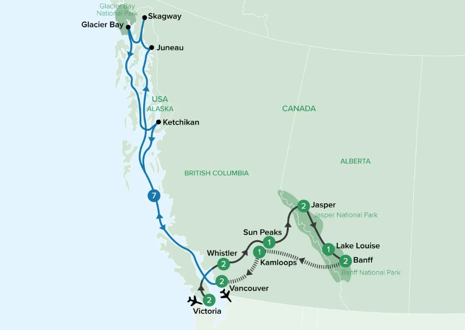 Map of Canada and Alaska indicating all stops along this itineray 