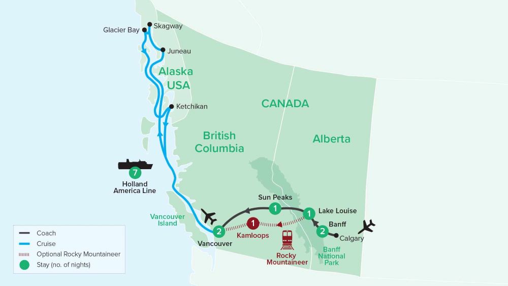 Map of Canada and Alaska indicating all stops along this itinerary