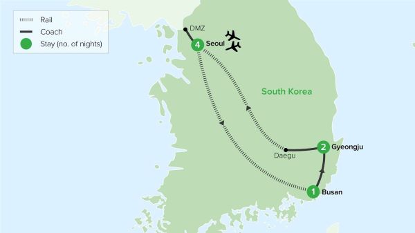 A map of South Korea indicating all stops along this itinerary