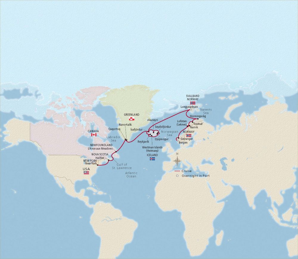 Map of the world indicating all stops along the itinerary 