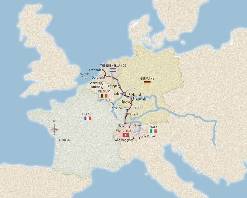 Map of Europe indicating all stops along the itinerary 